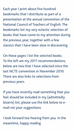 Each year I print about five hundred bookmarks that I distribut
