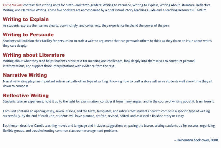Come to Class contains five writing units for ninth- and tenth-